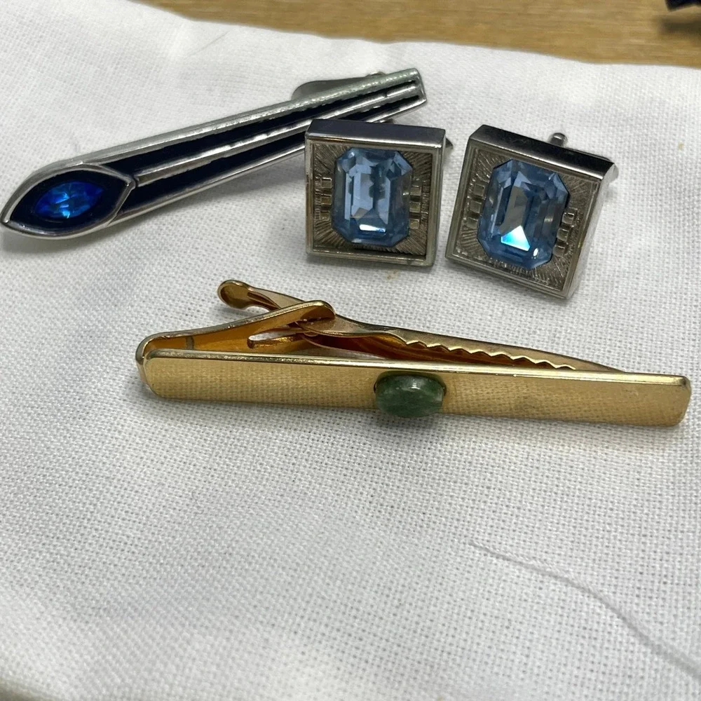 Swank Vintage Assortment Men's Cufflinks and Tie Bar Accessory Set Blue Green